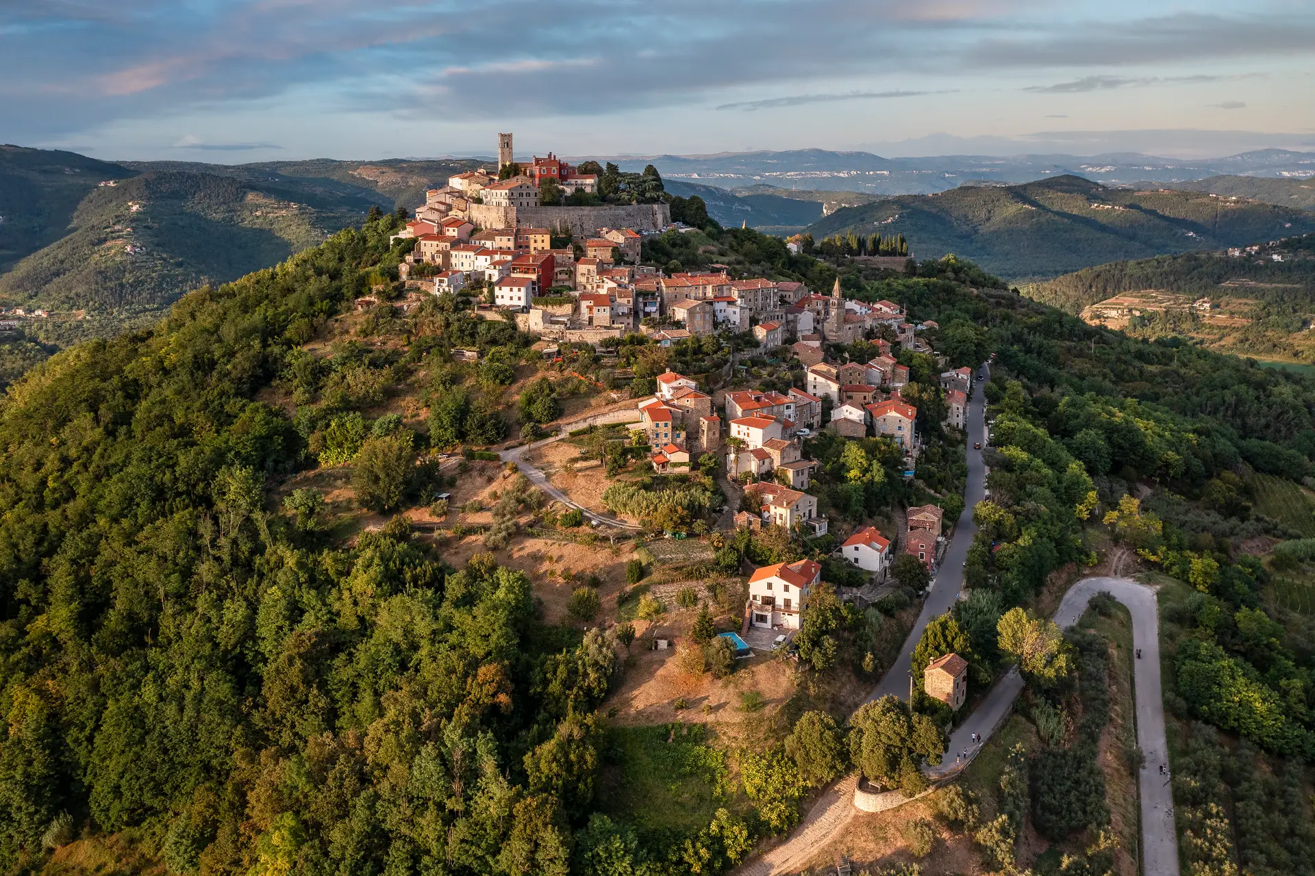 aerial view of a town on top of a hill
