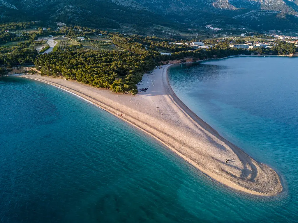 aerial view of a beach with woods