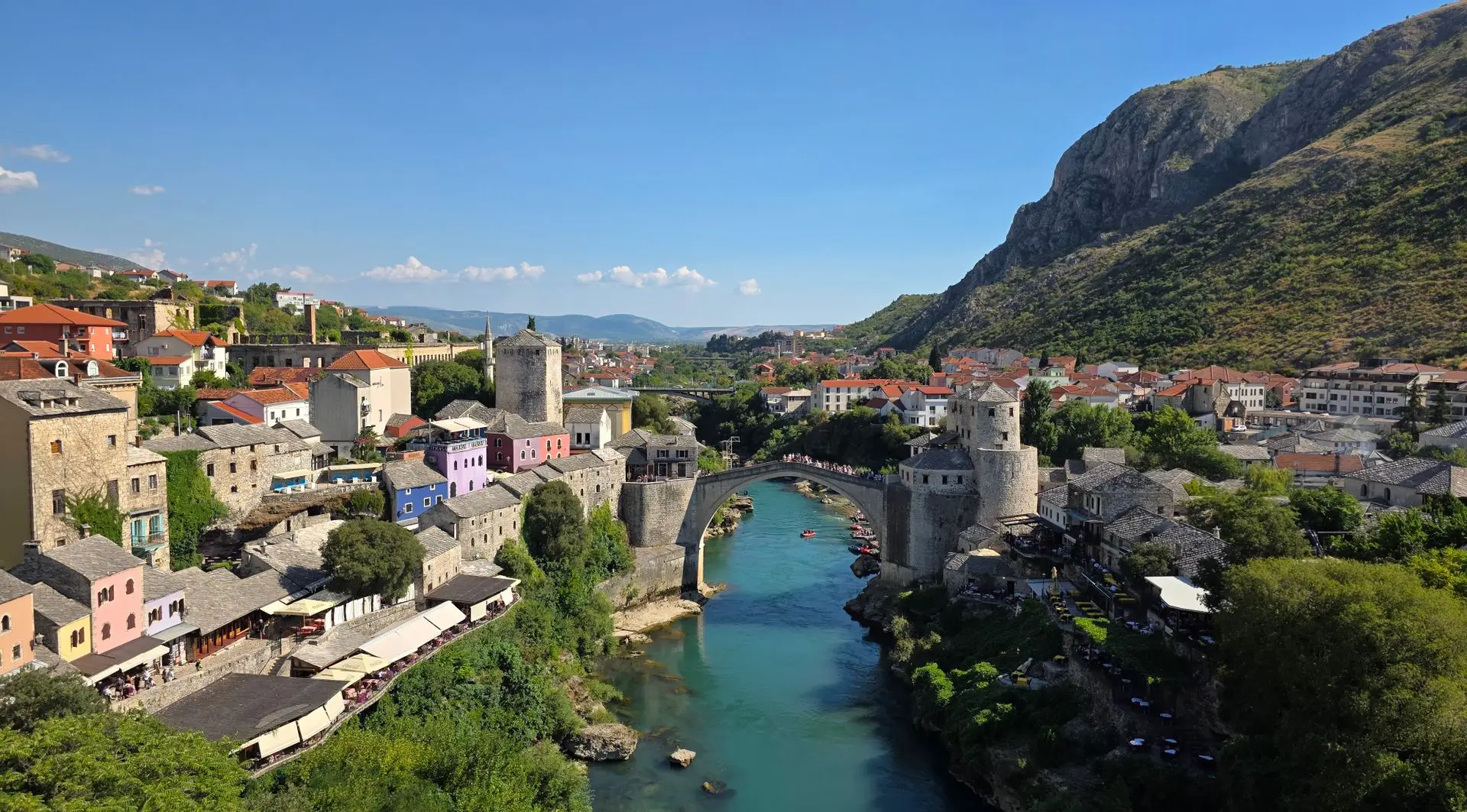 Panoramic view of a town connected by bridge