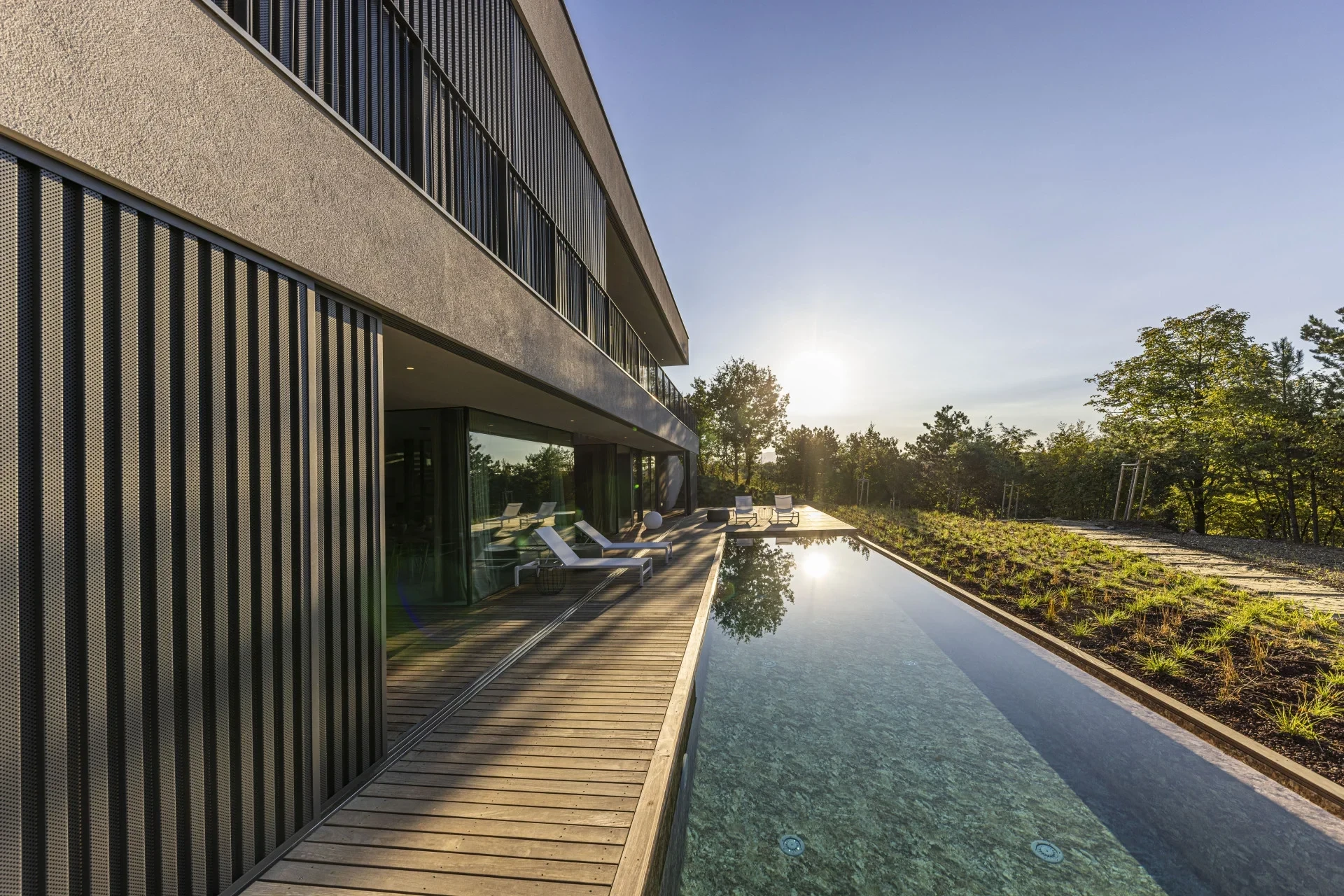 villa with a pool surounded by nature